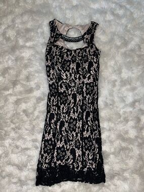 Enfocus Studio Black Lace Mini Dress with Nude Lining